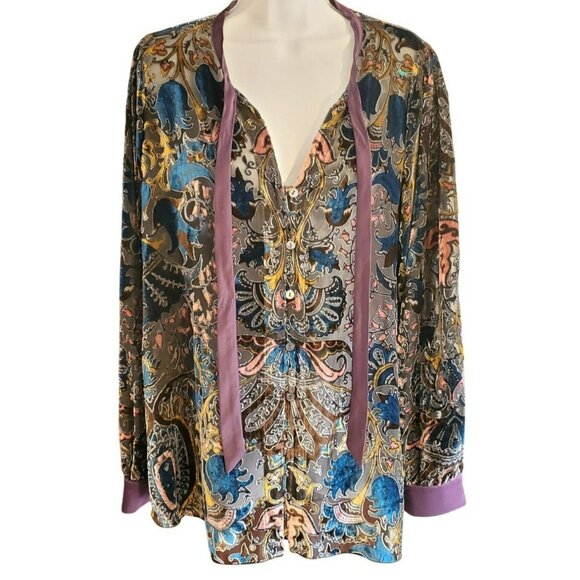 Hale Bob Bohemian Burnout Velvet Silk Blend Melina Blouse Large Regalcore Luxe - Picture 1 of 6